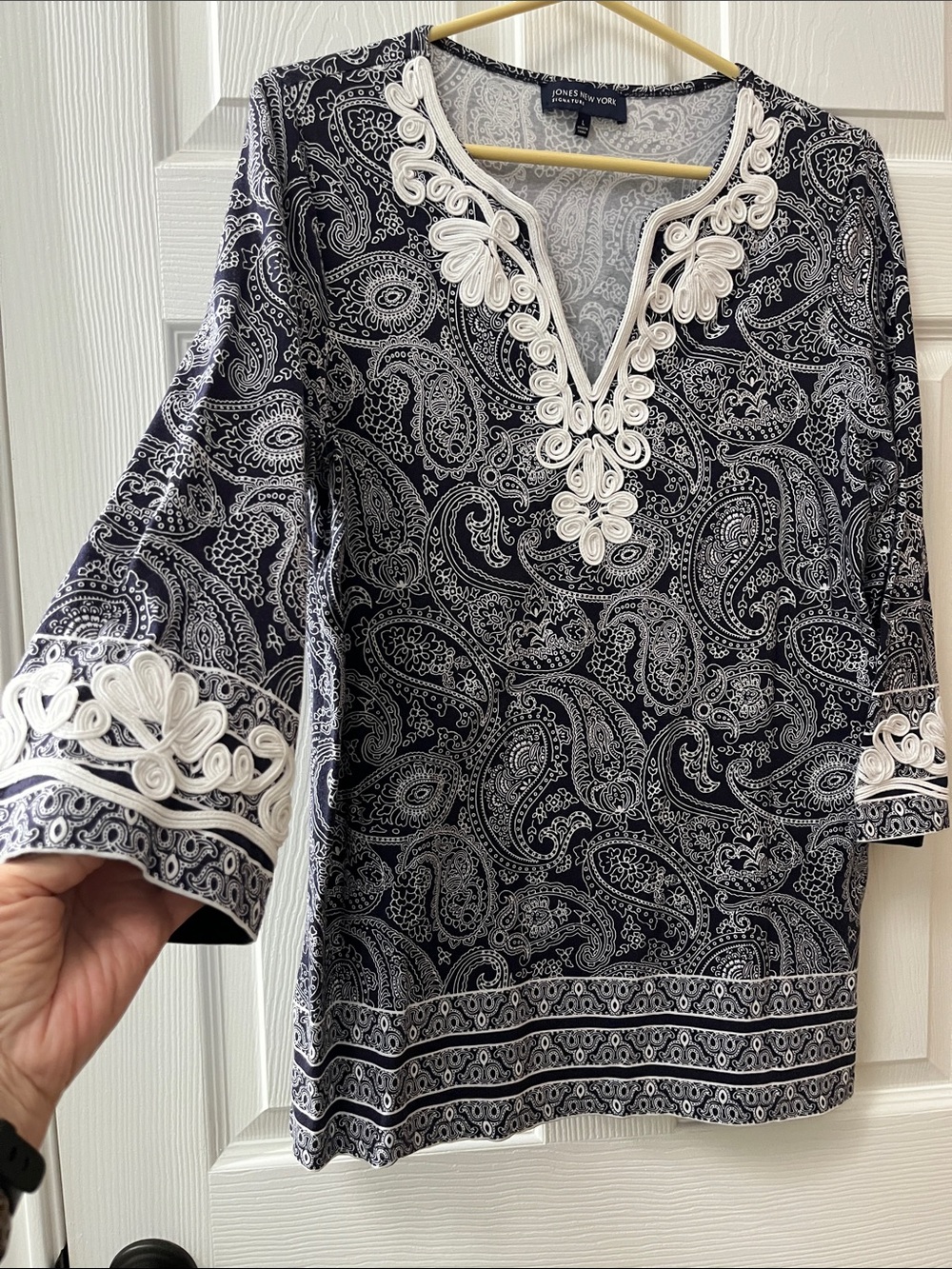 Jones New York Navy Paisley Tunic with White Embroidered Trim